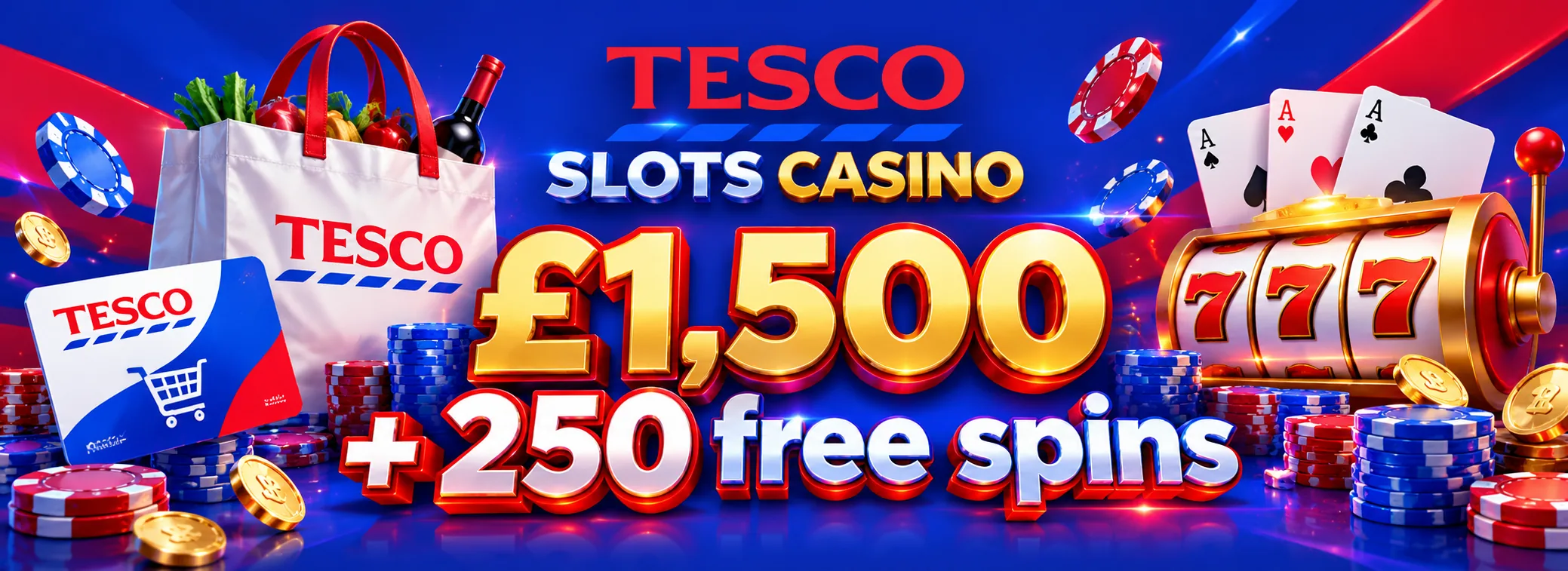 Tesco Slots Casino welcome offer in blue and red
