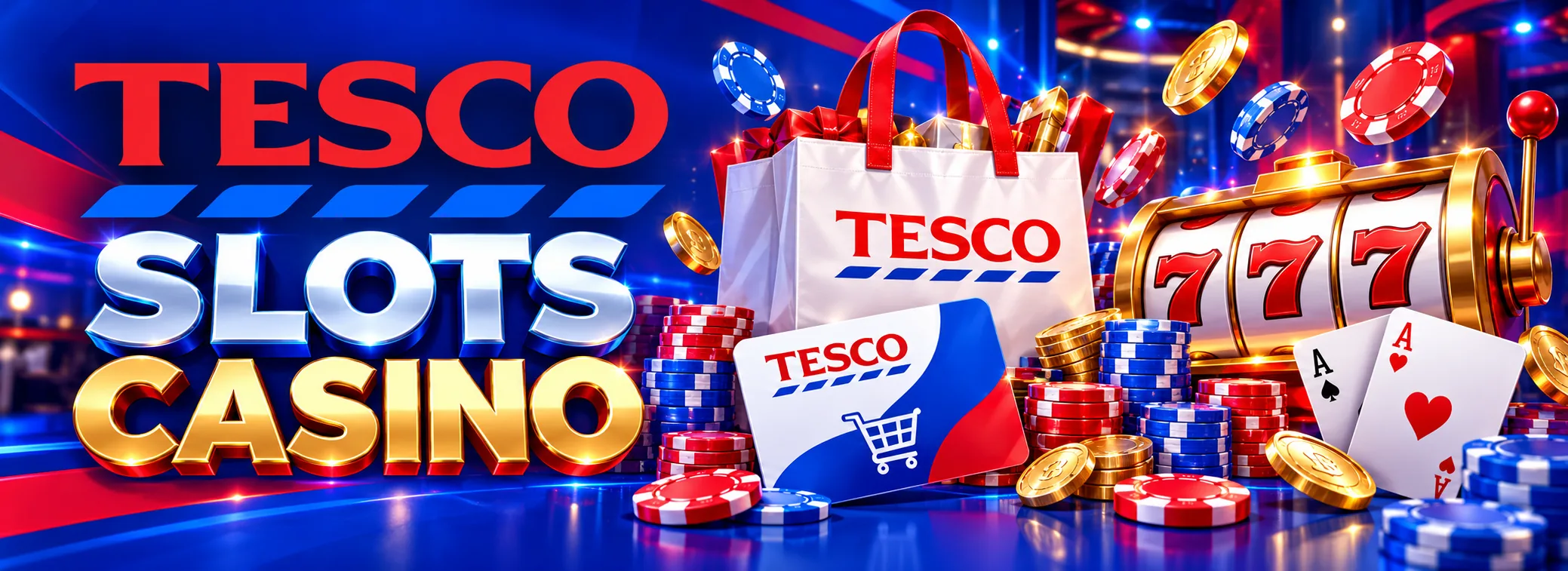 Tesco Slots Casino welcome offer banner in Tesco blue with 250 free spins and a £1,500 match